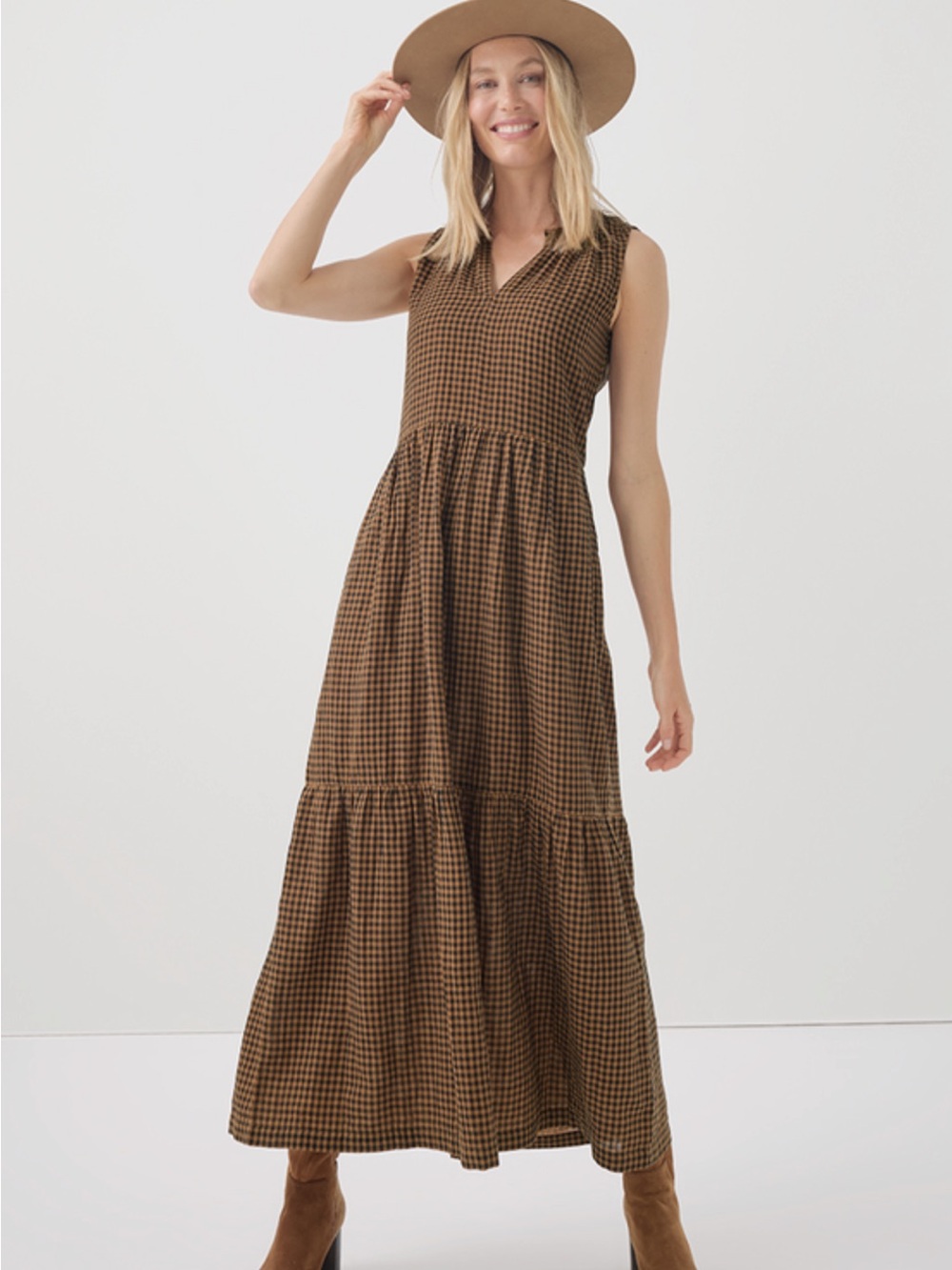 NWOT Pact Harvest Gingham Coastal Double Gauze Ruffle Maxi Dress